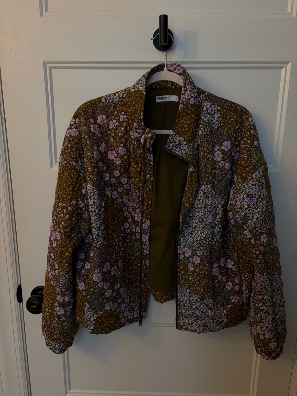 Sonoma Olive Floral Quilted Puffer Jacket with Lavender Accents